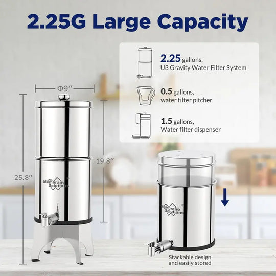 Membrane Solutions UV Countertop Water Filtration System Stainless Steel 2.25G Gravity Water Filter with 3 Pack 0.1-Micron UF Filters