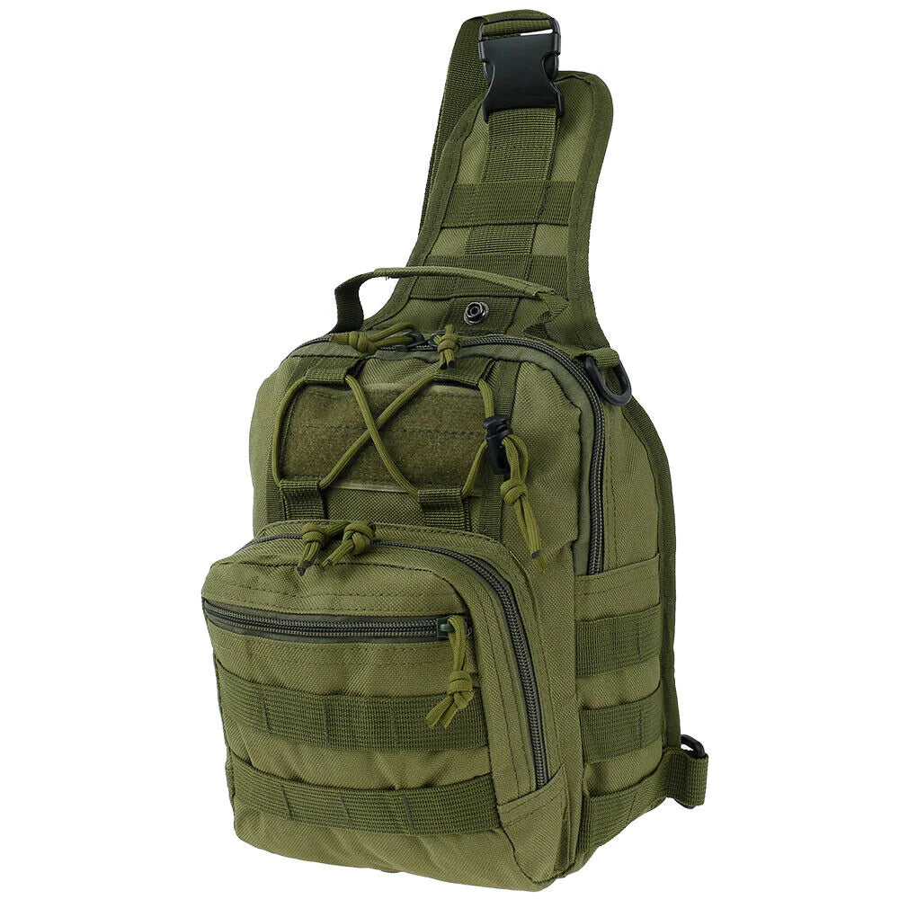 Angled view of the Army Green tactical EDC sling pack featuring MOLLE webbing, dual zip compartments, and adjustable bungee cord system.