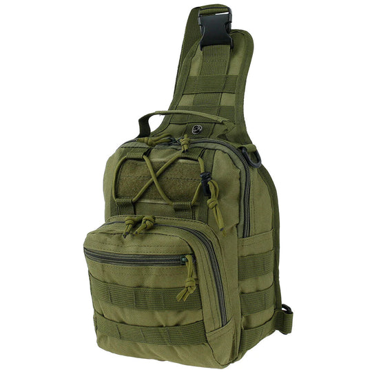 Angled view of the Army Green tactical EDC sling pack featuring MOLLE webbing, dual zip compartments, and adjustable bungee cord system.